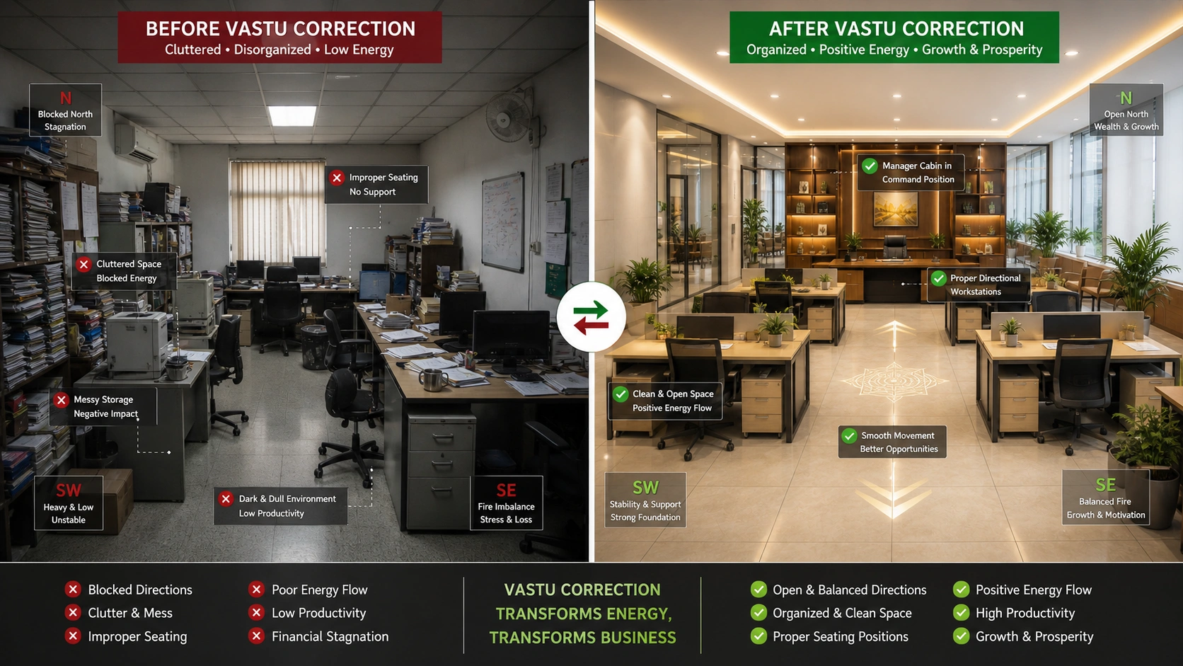 Office makeover with Vastu correction for commercial workplace improvement