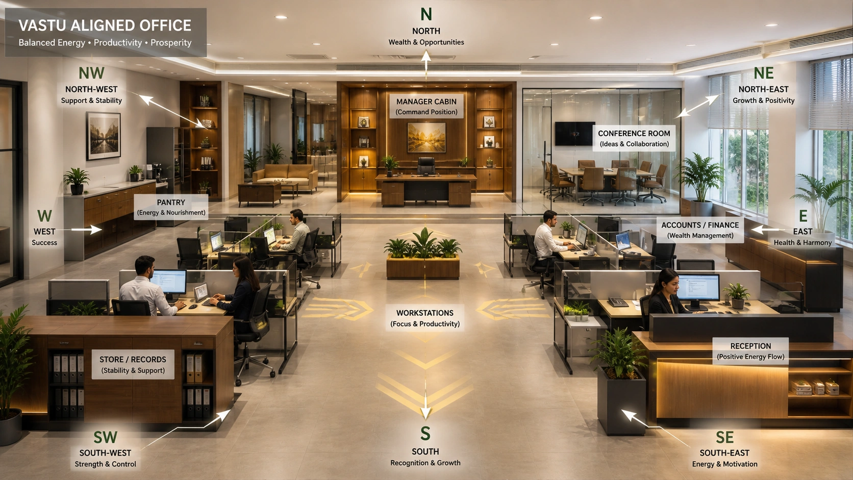 Vastu aligned modern office design for business productivity and leadership strength